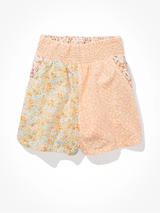 American Eagle Outfitters Pants - American Eagle Resort Peach Floral Patchwork Smocked High Waisted Shorts Sz M